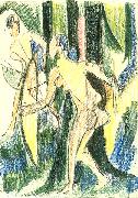 Ernst Ludwig Kirchner, Arching girls in the wood - Crayons and pencil